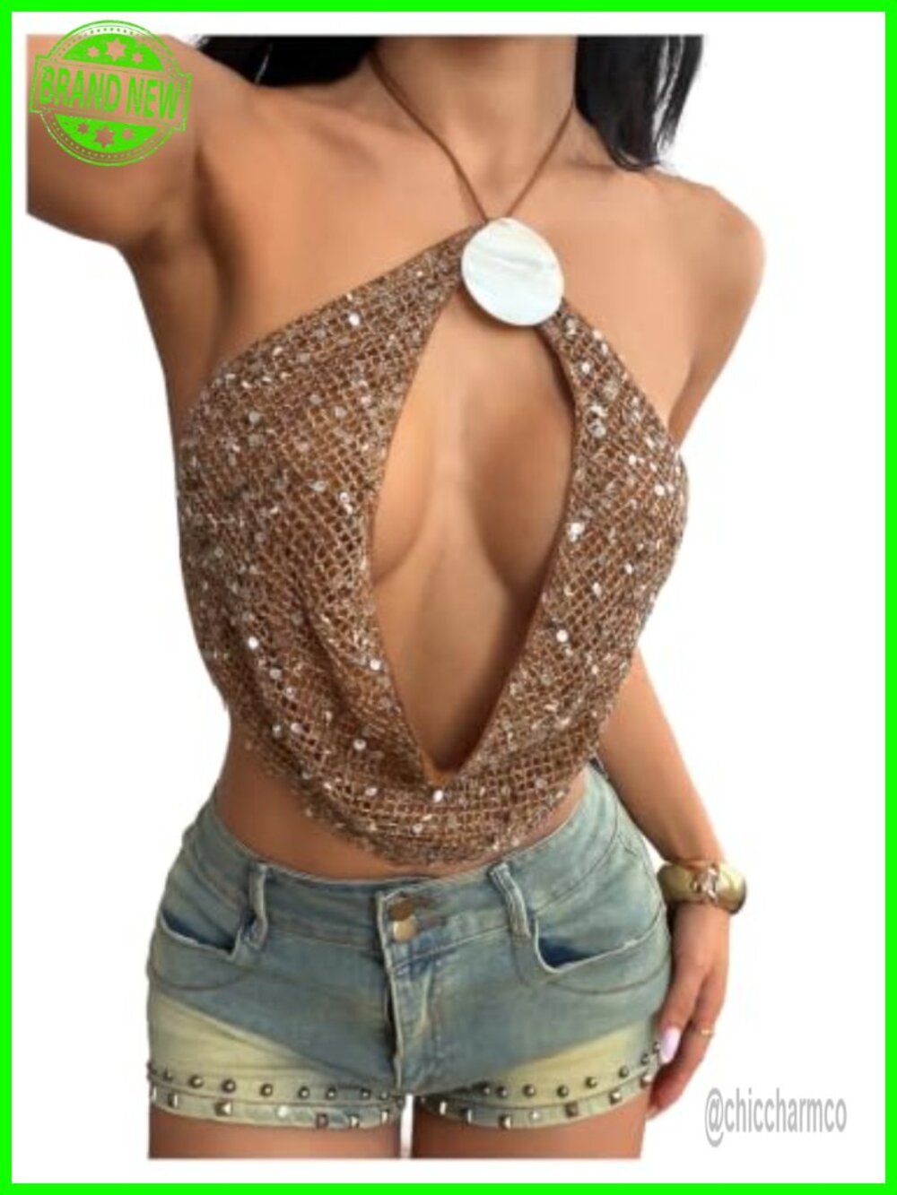 Sequin Sparkly Mesh Halter Cami Cut Out Backless Crop Top